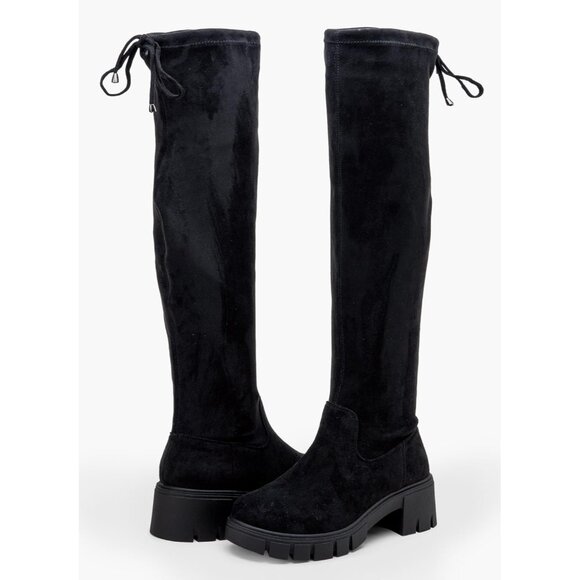 Women's Platform Boots-990-black Over The Knee Thigh High Round Toe Long Boot - Picture 6 of 7